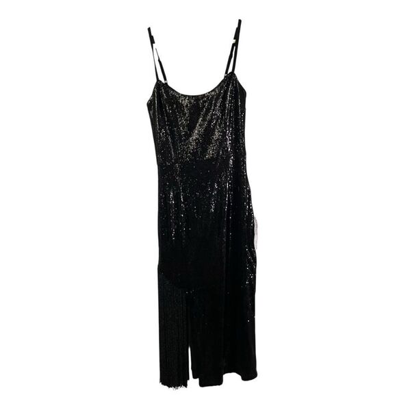 Dress the Population Black Rory Sleeveless Sequin Dress With Fringe Small Midi - Picture 2 of 11